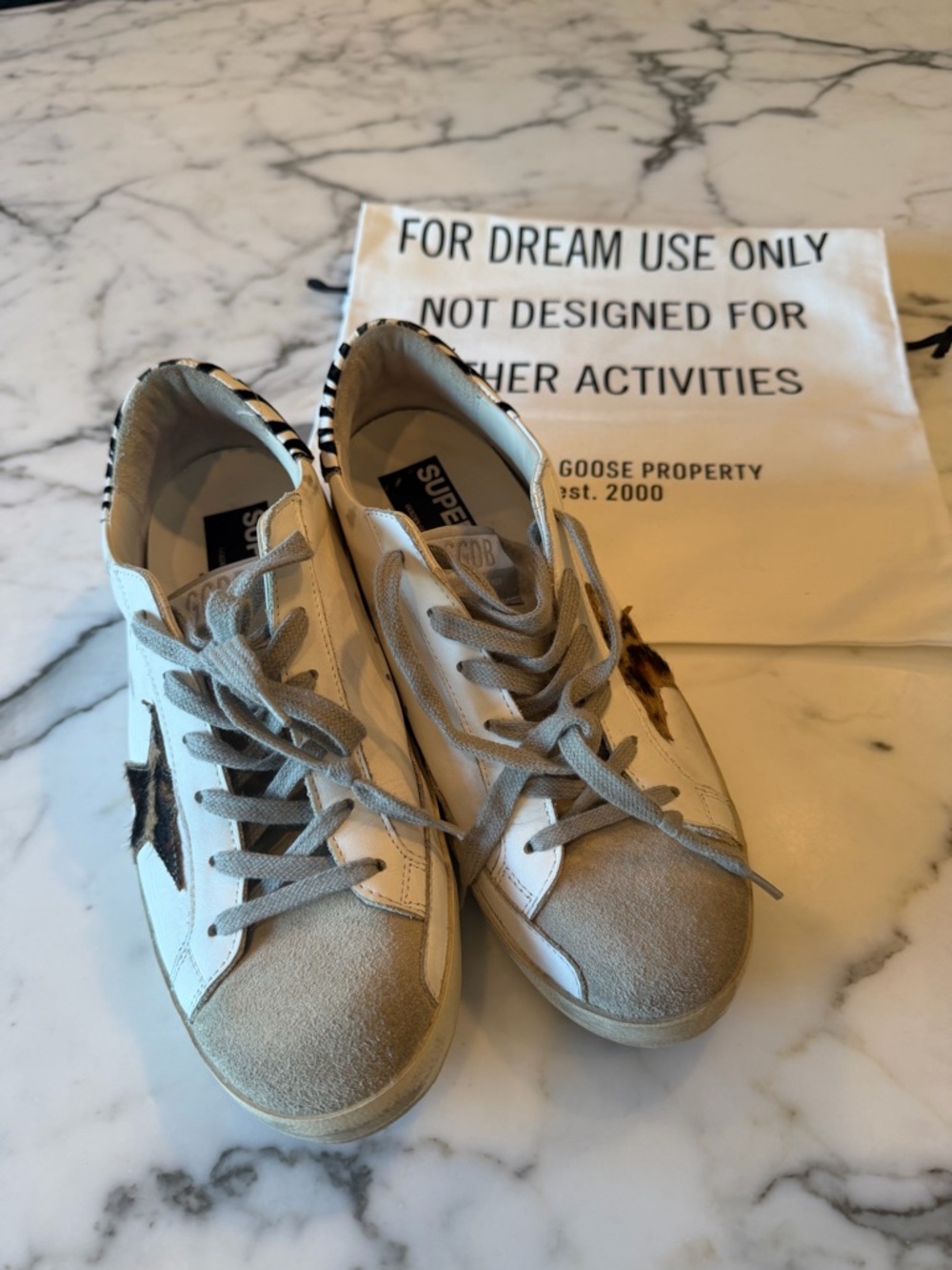 Golden Goose White Leather & Suede and Pony Hair Star Superstar Sneakers